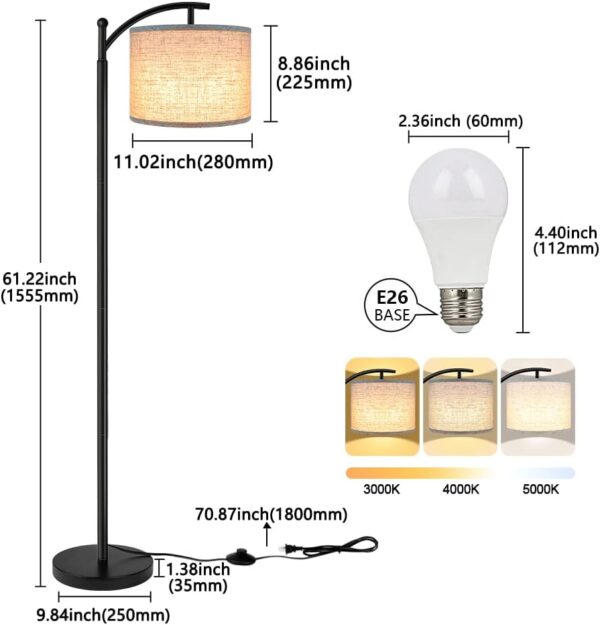 ROTTOGOON Floor Lamp for Living Room with 3 Color Temperatures LED Bulb, Standing Lamp Tall Industrial Floor Lamp Reading for Bedroom, Office (9W LED Bulb, Beige Lampshade Included) -Black - Image 4