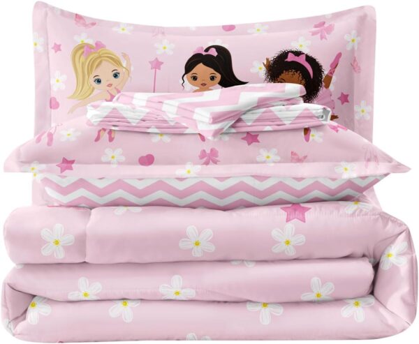 Full Bedding Set for Girls Kids 5 Pieces Comforter Sets Bed in a Bag Pink Floral Ballerina Bedding Comforter Sheet Set Cute Bedroom Decor - Image 7