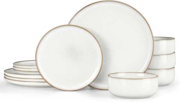Herogo 12 Pieces Stoneware Dinnerware Dishes Set for 4, Kitchen Handmade Dining Plates and Bowls Sets, Double Reactive Glaze, Microwave & Dishwasher Safe, Scratch Resistant, Ivory White