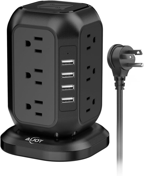 Power Strip Tower with USB Ports-AiJoy Surge Protector with 12 AC Outlet and 4 USB Ports, 10 Ft Extension Cord with Multiple Outlets, Charging Station with Overload Protection, for Home Office Dorm