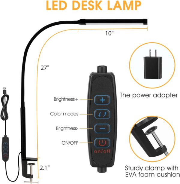 LED Desk lamp with Clamp, Eye-Caring Clip on Lights for Home Office, 3 Modes 10 Brightness, Long Flexible Gooseneck, Metal, Swing Arm Architect Task Table Lamps with USB Adapter, Black - Image 4