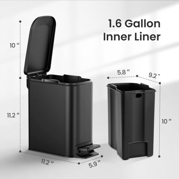 Cesun Small Bathroom Trash Can with Lid Soft Close, Step Pedal, 6 Liter / 1.6 Gallon Stainless Steel Garbage Can with Removable Inner Bucket, Anti-Fingerprint Finish (Matt Black) - Image 6