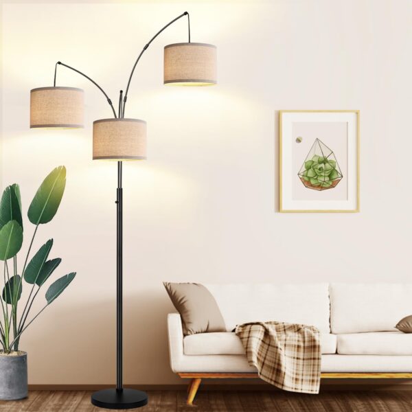 Dimmable Floor Lamp - 3 Lights Arc Floor Lamps for Living Room, 1000LM Modern Tall Standing Lamp With Beige Shades & Heavy Base, Mid Century Tree Floor Lamp for Bedroom Office, 3 LED Bulbs Included