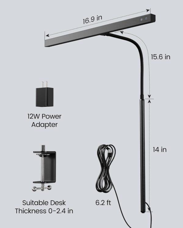 SUPERDANNY LED Desk Lamp for Office Home, Eye-Caring Desk Light with Adjustable Gooseneck, 12W Touch Control Dimmable Brightness, Architect Clamp Lamp with USB Adapter for Reading Study Workbench - Image 8