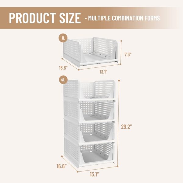 Pinkpum Stackable Plastic Storage Basket, Foldable Closet Organizers and Storage Bins 4 Pack Drawer Shelf Storage Container for Wardrobe Kitchen Bathroom Office Dorm White - Image 2