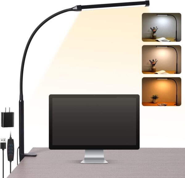 LED Desk lamp with Clamp, Eye-Caring Clip on Lights for Home Office, 3 Modes 10 Brightness, Long Flexible Gooseneck, Metal, Swing Arm Architect Task Table Lamps with USB Adapter, Black