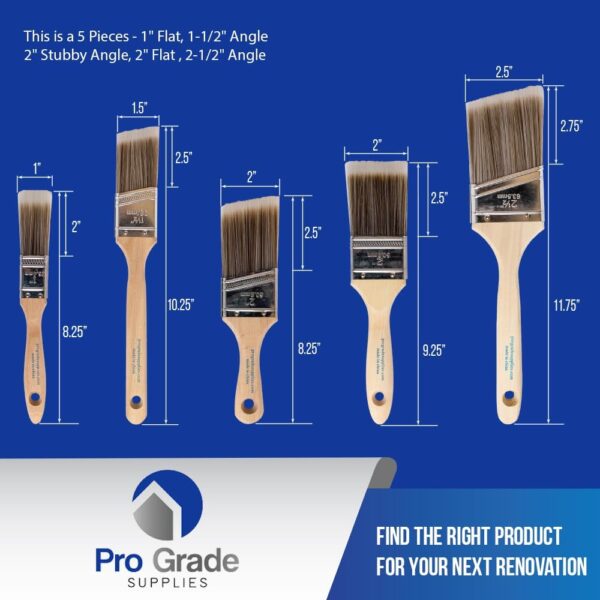 Pro Grade, Paint Brushes, 5-Piece, Paint Brush Set: Flat & Angle Brushes for Latex and Oil Paints, Stains, Interior & Exterior Home Improvement - Image 2