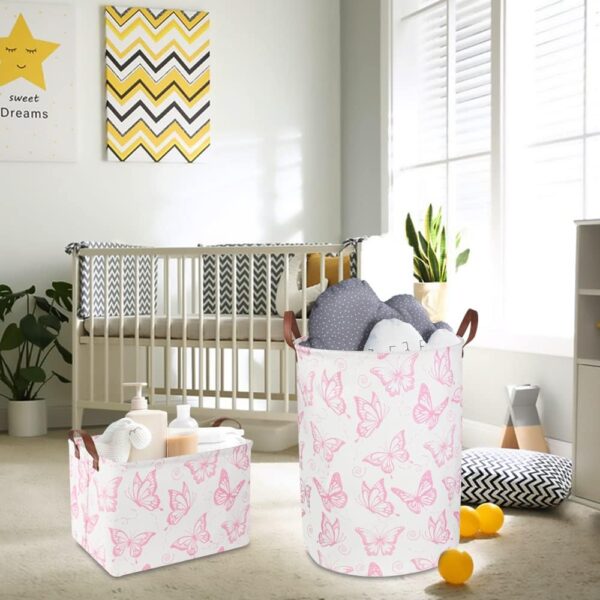 CLOCOR Pink Laundry Basket,Waterproof Nursery Hamper for Baby Girl ,Collapsible Storage Baskets for Girls Bedroom,Kids Toys Storage Bin,Room Decor,Gift Basket（Pink Butterfly - Image 2