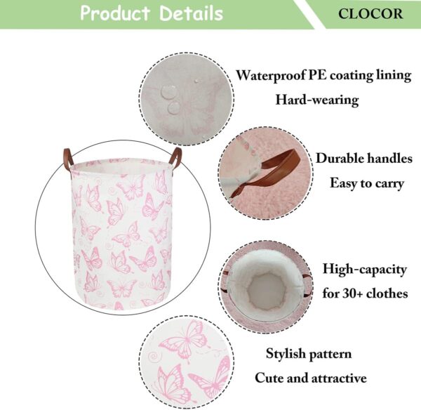 CLOCOR Pink Laundry Basket,Waterproof Nursery Hamper for Baby Girl ,Collapsible Storage Baskets for Girls Bedroom,Kids Toys Storage Bin,Room Decor,Gift Basket（Pink Butterfly - Image 6