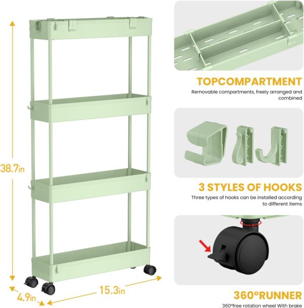 SPACELEAD Slim Storage Cart 4 Tier,Bathroom Organizer Rolling Utility,Mobile Shelving Unit Slide Out for Office, Kitchen, Laundry Room & Narrow Places，Green - Image 3