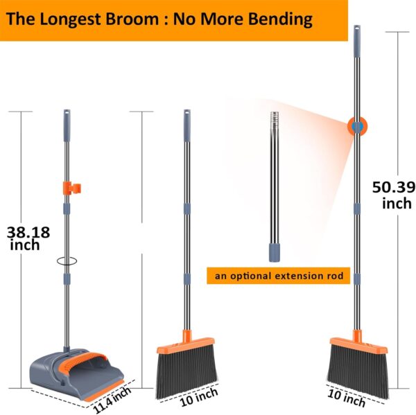 kelamayi Upgrade Broom and Dustpan Set, Self-Cleaning with Dustpan Teeth, Indoor&Outdoor Sweeping, Ideal for Dog Cat Pets Home Use, Stand Up Broom and Dustpan (Gray&Orange) - Image 2