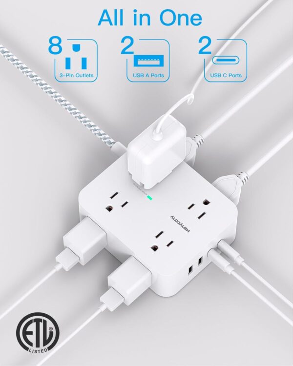 Surge Protector Power Strip - 8 Outlets with 4 USB (2 USB C) Charging Ports, Multi Plug Outlet Extender, 5Ft Braided Extension Cord, Flat Plug Wall Mount Desk USB Charging Station for Home Office ETL - Image 2