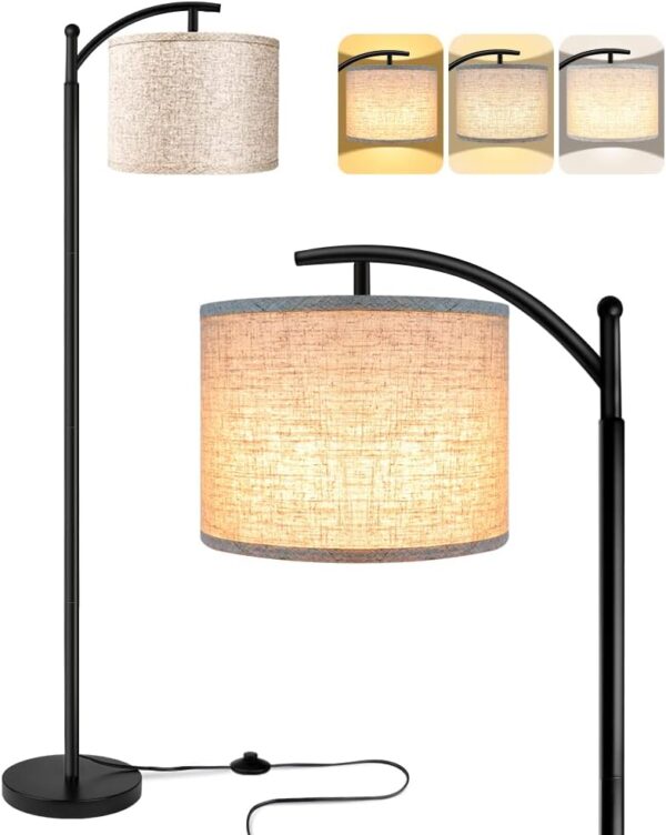 ROTTOGOON Floor Lamp for Living Room with 3 Color Temperatures LED Bulb, Standing Lamp Tall Industrial Floor Lamp Reading for Bedroom, Office (9W LED Bulb, Beige Lampshade Included) -Black