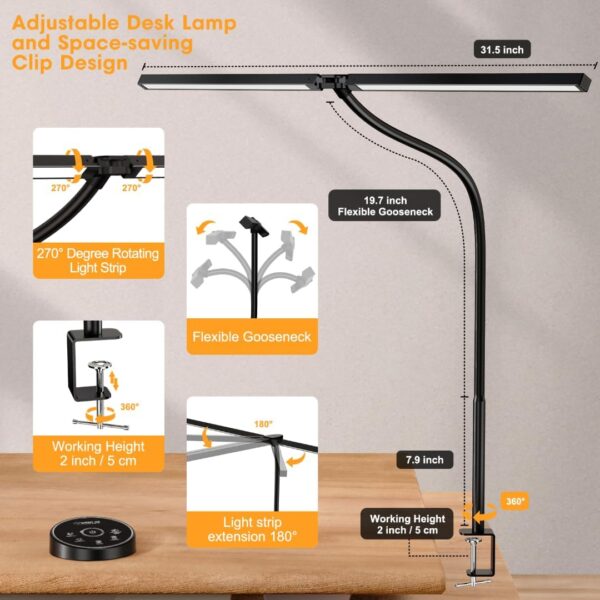 Led Desk Lamp for Office Home - Eye Caring Architect lamp with Clamp,Dual Screen Computer Monitor Gooseneck Smart Light: 24W 5 Color Flexible Adjustable Lighting Table Lamp for Study Drafting - Image 5