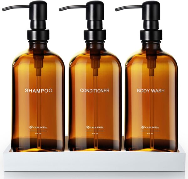 Shampoo and Conditioner Dispenser | Refillable Shampoo Dispenser Bottles with Pump | Set of 3, 16 OZ Amber Glass Shower Soap Dispensers with Concrete Tray | Modern Bathroom Essentials