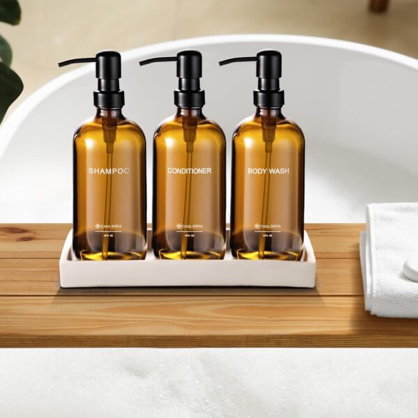 Shampoo and Conditioner Dispenser | Refillable Shampoo Dispenser Bottles with Pump | Set of 3, 16 OZ Amber Glass Shower Soap Dispensers with Concrete Tray | Modern Bathroom Essentials - Image 7