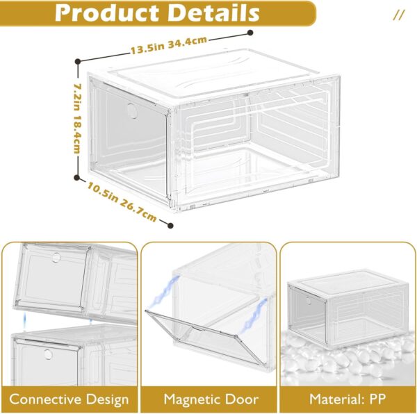 Thicken & Sturdy Clear Shoe Storage Organizer with Magnetic Door, Stackable Boxes for Closet, Foldable Space-Saving Shoe Rack for Sneaker Boot Container, Plastic Shoe Cabinet Shoe Box 6 Pack, White - Image 4