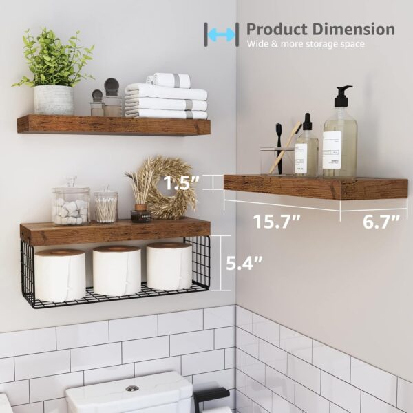 QEEIG Bathroom Shelves Over Toilet Wall Mounted Floating Shelves Farmhouse Shelf Toilet Paper Storage Small 16 inch Set of 3, Rustic Brown (019-BN3) - Image 3
