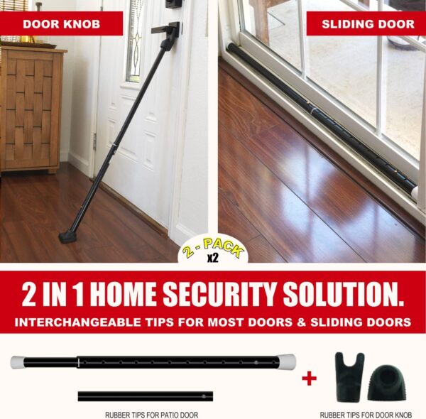 SECURITYMAN 2-in-1 Door Security Bar & Sliding Patio Door Security Bar (2 Pack) via Interchangeable Caps - Heavy Duty Iron Construction Door Stoppers for Home, Apartment, Travel Hotel - Black - Image 2