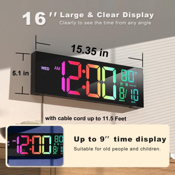 JALL 16" Large Digital Wall Clock with Remote Control, Dual Alarm with Big LED Screen Dispaly, 8 RGB Colors, Auto DST, Temperature for Living Room, Bedroom, Desk Decor, Mounted, Gift for Elderly - Image 2