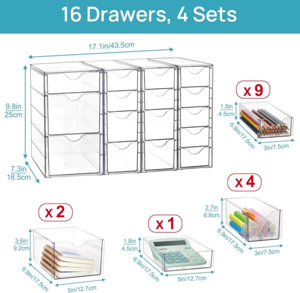 Vtopmart Acrylic Organizer with 16 Drawers (4 Set),Clear Storage Drawers for Office Supplies,Desk Organization and Storage for Makeup,Jewelry,Art Crafts - Image 2