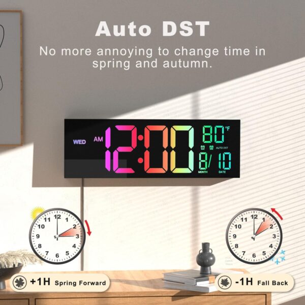 JALL 16" Large Digital Wall Clock with Remote Control, Dual Alarm with Big LED Screen Dispaly, 8 RGB Colors, Auto DST, Temperature for Living Room, Bedroom, Desk Decor, Mounted, Gift for Elderly - Image 5