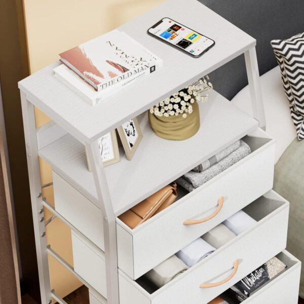Furnulem White Dresser with 5 Drawers, Vertical Storage Tower Fabric Dresser for Bedroom, Hallway, Entryway, Nursery, Closet Organizer, Nightstand Bedside Table Furniture, Sturdy Steel Frame, Wood Top - Image 4