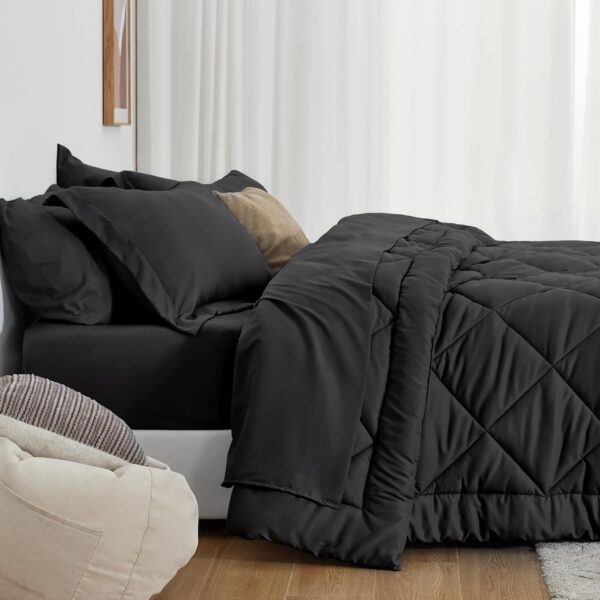 Love's cabin Queen Comforter Set Black, 7 Pieces Queen Bed in a Bag, All Season Queen Bedding Sets with 1 Comforter, 1 Flat Sheet, 1 Fitted Sheet, 2 Pillowcase and 2 Pillow Sham - Image 3