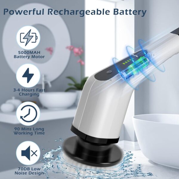 Electric Spin Scrubber, Cordless Cleaning Brush Scrubber for Home, 400RPM/Mins-8 Replaceable Brush Heads-90Mins Work Time, 3 Adjustable Size, 2 Speeds for Bathroom Shower Bathtub Glass Car - Image 3