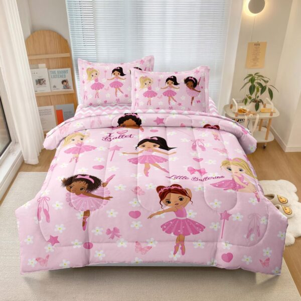 Full Bedding Set for Girls Kids 5 Pieces Comforter Sets Bed in a Bag Pink Floral Ballerina Bedding Comforter Sheet Set Cute Bedroom Decor
