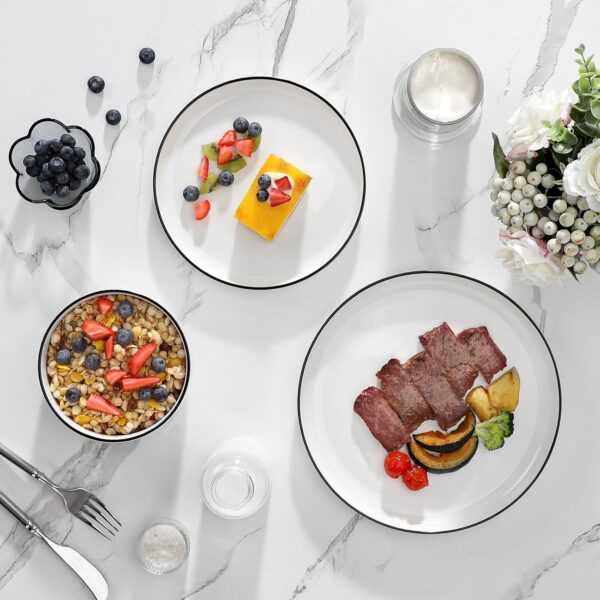 MALACASA Plates and Bowls Sets, 12 Pieces Modern Porcelain Dinnerware Set for 4 White Kitchen Dinner Dining Ware Set wtih Black Rim Ceramic Dishware Dishes Microwave and Dishwasher Safe, Series LUNA - Image 8