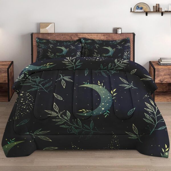 Comforter Set Full Size, Boho Space Green Retro Soft 3 Pcs Bedding for Kids and Adults, Herbs Witch Floral Comforter Set with Pillowcase, for Bedroom Bed Decor - Image 3