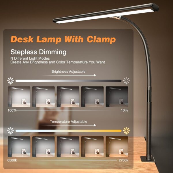 LED Desk Lamp for Office Home, Eye-Caring Desk Light with Stepless Dimming Adjustable Flexible Gooseneck, 10W USB Adapter Desk Lamp with Clamp for Reading, Study, College Dorm Room Essentials - Image 2