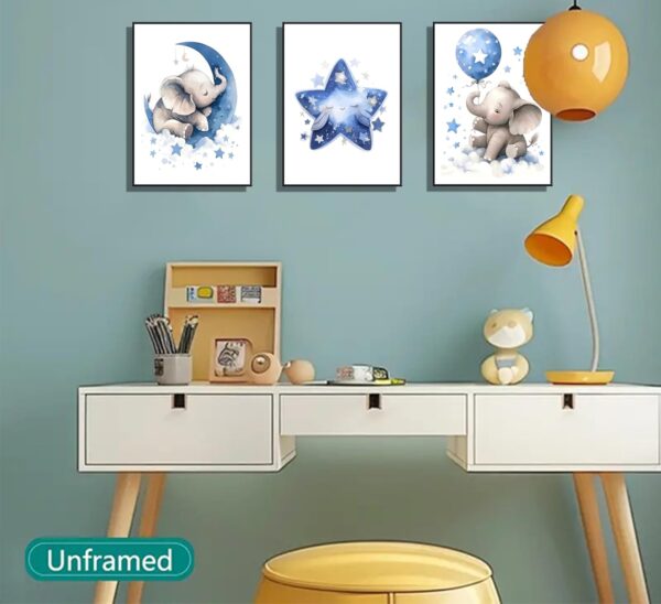 3Pcs Blue Nursery Elephant Canvas Wall Art Baby Boy Wall Decor Cute Animal Painting Pictures Moon And Stars Balloon Poster Prints for Nursery Classroom Kids Room Bedroom Home Decoration 12X16unframed - Image 4