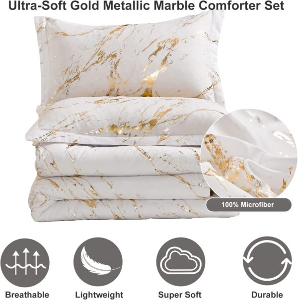 White Gold Metallic Marble Comforter Set King Foil Print Glitter Bedding Sets with 2 Pillowcases for All Seasons, Soft Microfiber Filling Bedding Duvet Set 103"x90" - Image 6