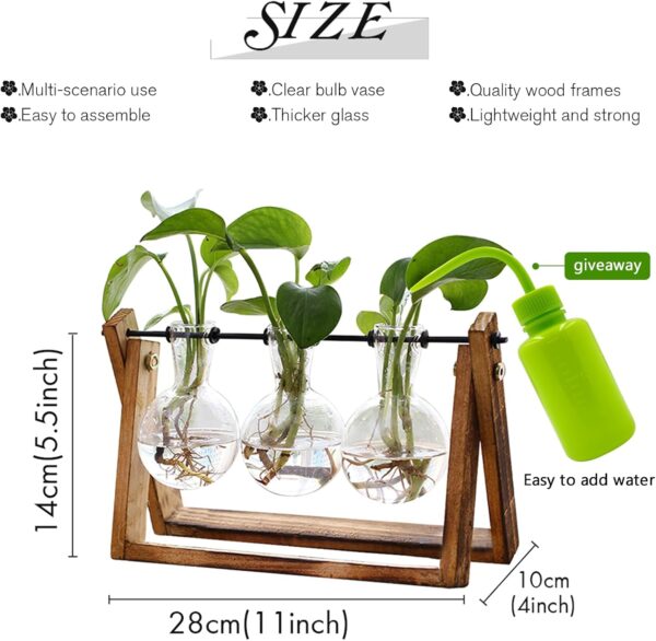 XXXFLOWER Plant Terrarium with Wooden Stand, Air Planter Bulb Glass Vase Metal Swivel Holder Retro Tabletop for Hydroponics Home Garden Office Decoration - 3 Bulb Vase - Image 2