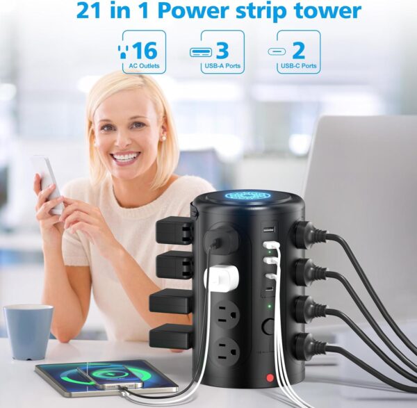 Tower Power Strip Surge Protector with 16 Outlets and 5 USB Ports (2 USB-C), 6FT Extension Cord with Multiple Outlets,Heavy Duty Charging Station,Home Office Dorm Room Essentials. No Wireless Charging - Image 2