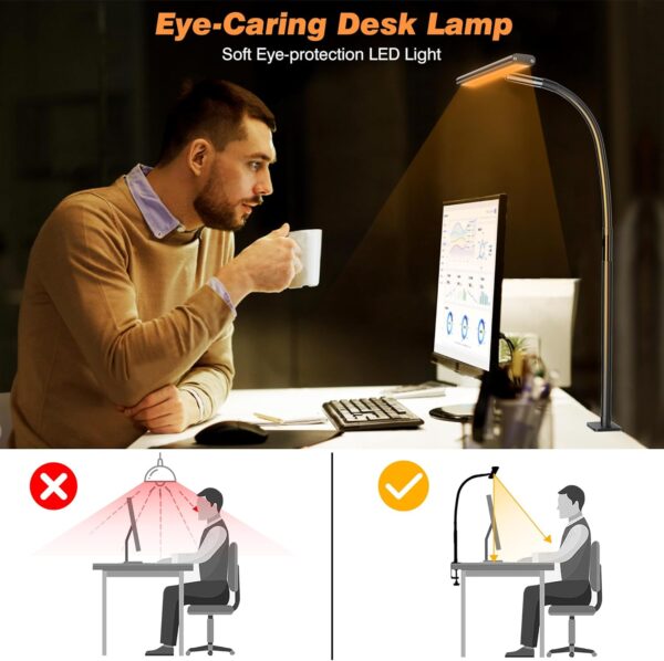 LED Desk Lamp for Office Home, Eye-Caring Desk Light with Stepless Dimming Adjustable Flexible Gooseneck, 10W USB Adapter Desk Lamp with Clamp for Reading, Study, College Dorm Room Essentials - Image 6