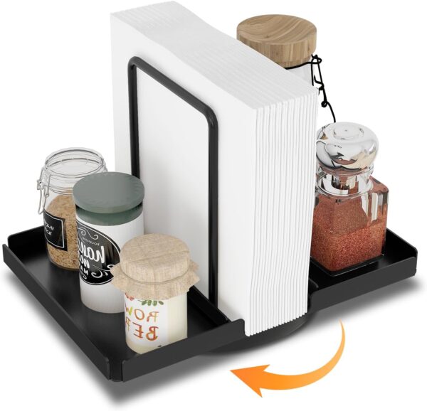 Napkin Holder for Table, 360° Rotating Metal Napkin Holder with Salt and Pepper Shakers Caddy, Standing Paper Napkin Storage for Kitchen Dining Table Decor, Black