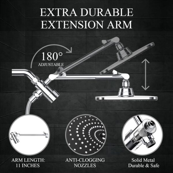 Veken High Pressure Rain Shower Head Combo with Extension Arm- Wide Showerhead with 6 Handheld Water Spray - Adjustable Dual Shower with Anti-Clog Nozzles - Silver Chrome - Image 5