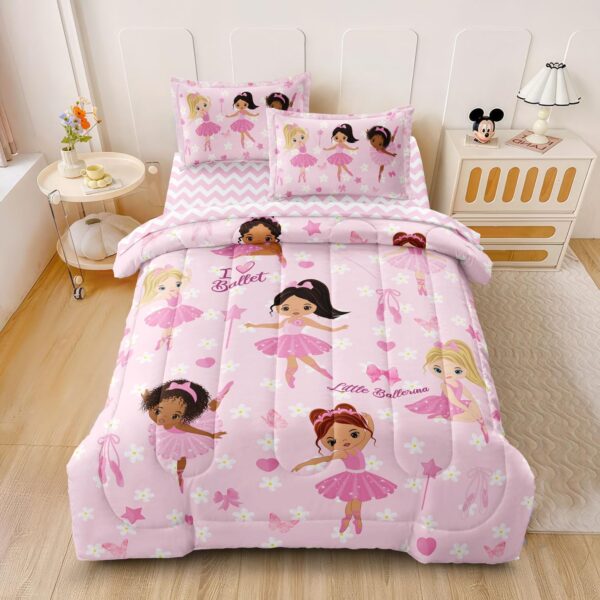 Full Bedding Set for Girls Kids 5 Pieces Comforter Sets Bed in a Bag Pink Floral Ballerina Bedding Comforter Sheet Set Cute Bedroom Decor - Image 3