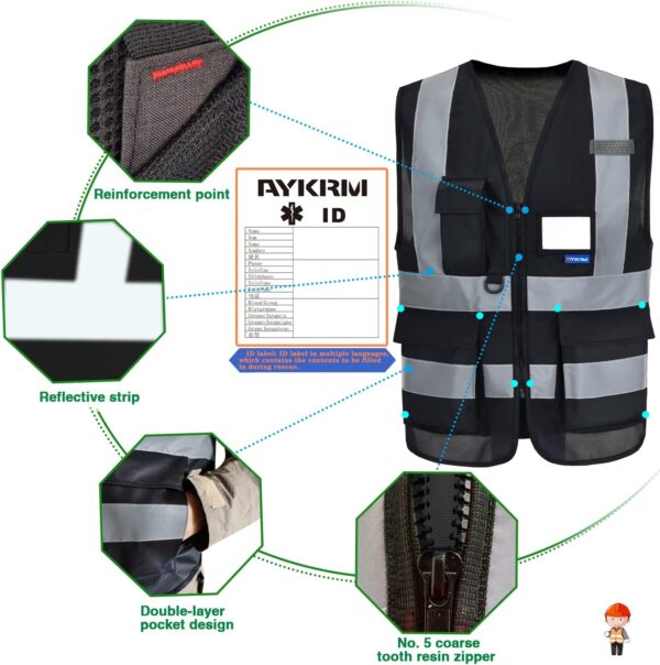 Reflective Security Safety Vests Heavy Duty with 7 Pockets and Front Zipper - Image 2