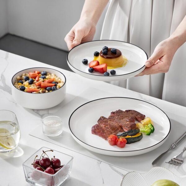 MALACASA Plates and Bowls Sets, 12 Pieces Modern Porcelain Dinnerware Set for 4 White Kitchen Dinner Dining Ware Set wtih Black Rim Ceramic Dishware Dishes Microwave and Dishwasher Safe, Series LUNA - Image 6