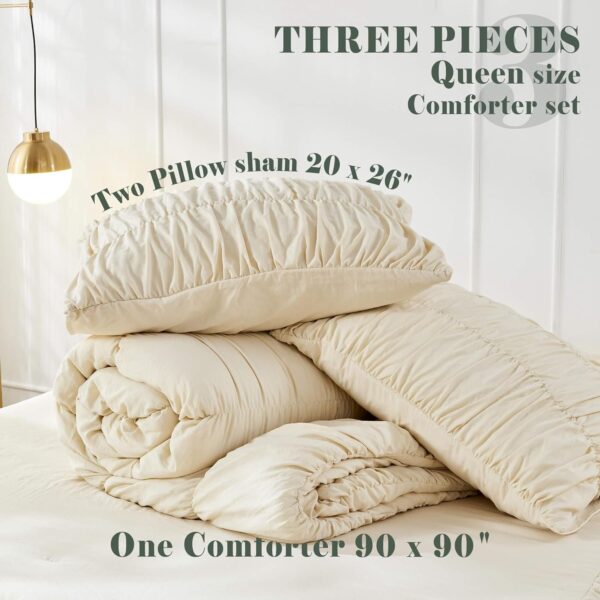 Queen Comforter Set Wheat Bedding - Ruched Comforter Queen Size Bed Set Boho Shabby Chic Bedding for Bedroom Comforter Fluffy 3 Piece Ruffle Comforter Set with Pillow White Bedding Soft - Image 5