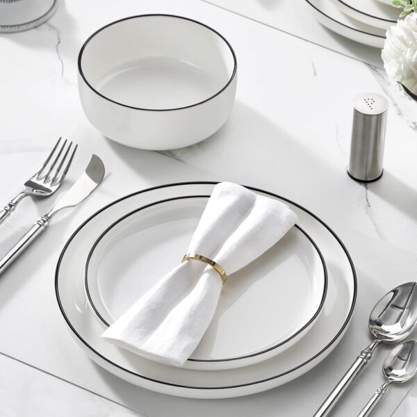 MALACASA Plates and Bowls Sets, 12 Pieces Modern Porcelain Dinnerware Set for 4 White Kitchen Dinner Dining Ware Set wtih Black Rim Ceramic Dishware Dishes Microwave and Dishwasher Safe, Series LUNA - Image 7