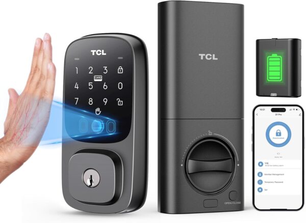 TCL D1 Pro Palm Vein Smart Lock, Keyless Entry Door Lock, Upgraded Rechargeable Battery, Front Door Smart Lock, App Remote Control, Electronic Deadbolt Lock, Auto Lock, Waterproof, Works with Alexa