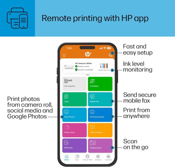 HP DeskJet 2855e Wireless All-in-One Color Inkjet Printer, Scanner, Copier, Best-for-home, 3 months of Instant Ink included (588S5A) - Image 9