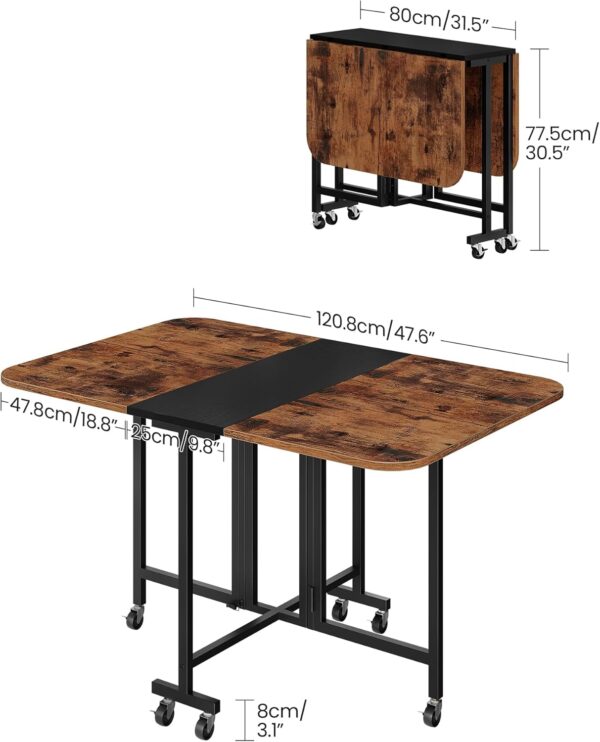 Folding Dining Table, Moveable Dining Table with Wheels, Foldable Dining Table, Space Saving Dining Table, for Dining Room, Kitchen, Living Room, Rustic Brown and Black TCZ04BF - Image 2