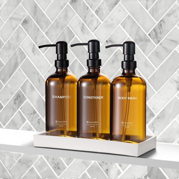 Shampoo and Conditioner Dispenser | Refillable Shampoo Dispenser Bottles with Pump | Set of 3, 16 OZ Amber Glass Shower Soap Dispensers with Concrete Tray | Modern Bathroom Essentials - Image 6