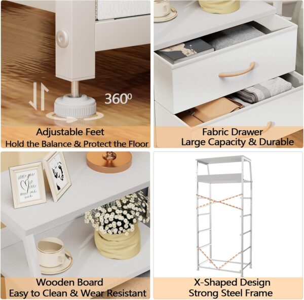 Furnulem White Dresser with 5 Drawers, Vertical Storage Tower Fabric Dresser for Bedroom, Hallway, Entryway, Nursery, Closet Organizer, Nightstand Bedside Table Furniture, Sturdy Steel Frame, Wood Top - Image 5